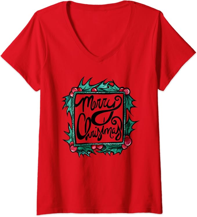 Womens Merry Christmas Cute Xmas Holly VNeck TShirt Clothing